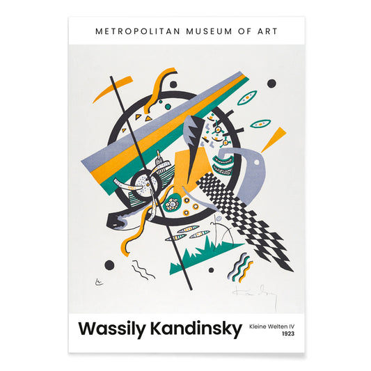 Abstract geometric poster with bold shapes and lines by Wassily Kandinsky from Kleine Welten IV Small Worlds IV, with black aluminium frame on white background