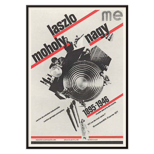 Roman Cieślewicz László Moholy-Nagy poster with bold typography red diagonal stripes and geometric collage, with black aluminium frame on white background