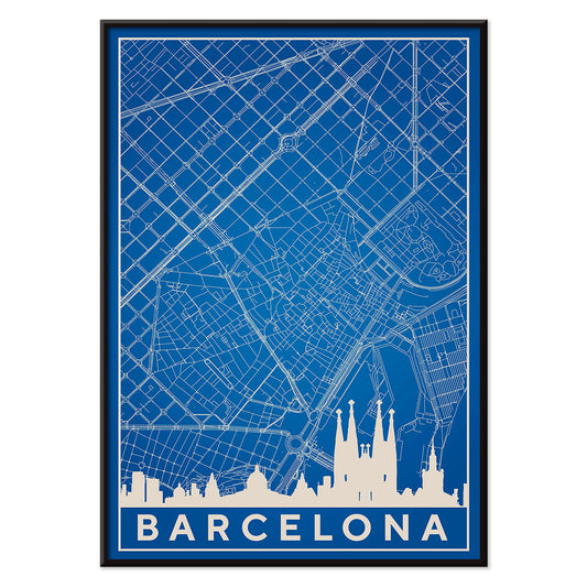 Minimalist blue and white map of Barcelona by Moryarty featuring iconic landmarks street layout and skyline poster titled Minimalist Map of Barcelona 2, with black aluminium frame on white background