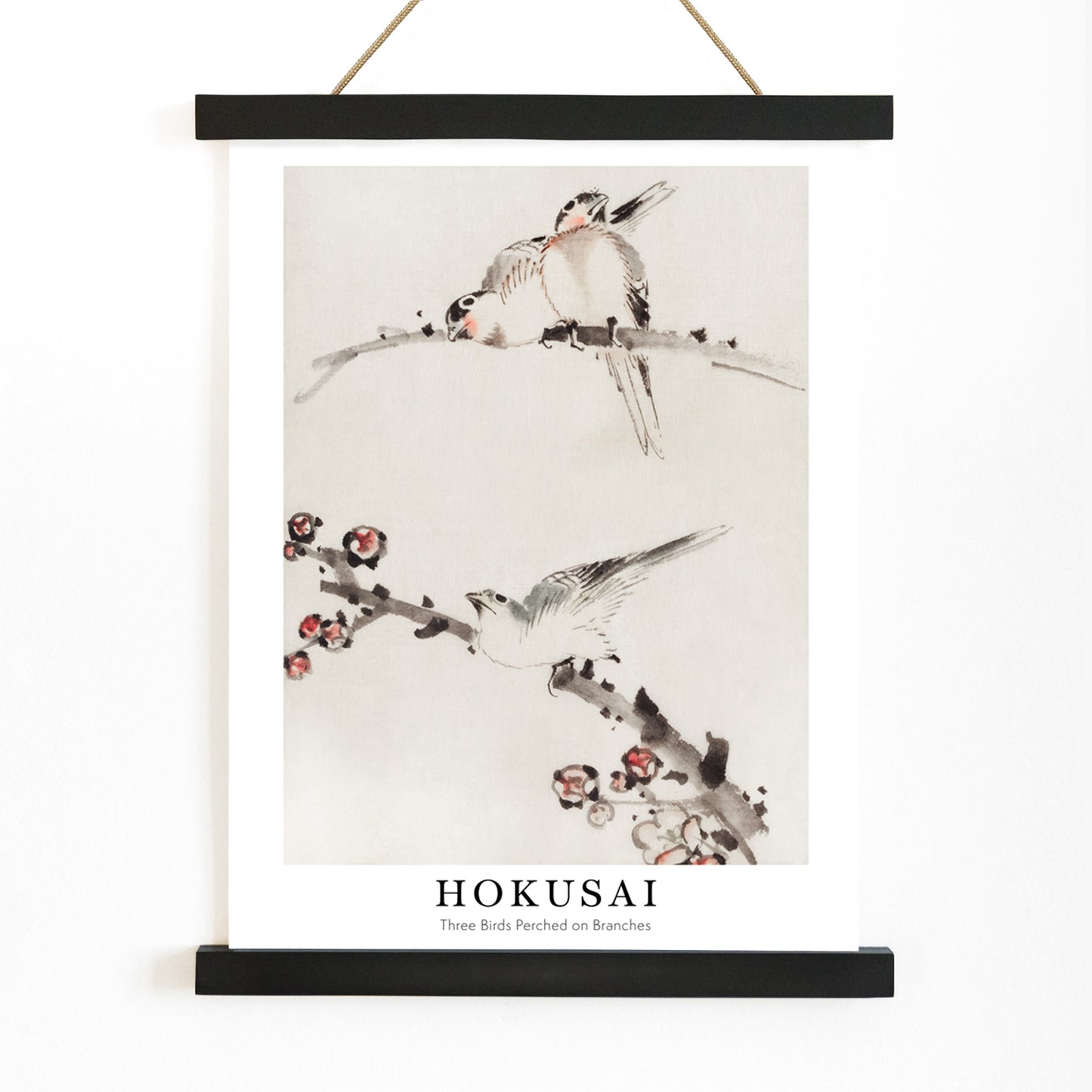 Three birds perched on branches with blossoms watercolor painting and poster artwork by Katsushika Hokusai, with wooden magnetic frame on white background