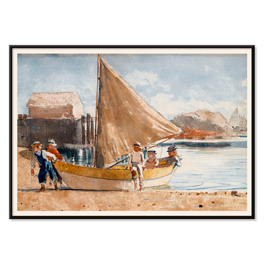 Summertime by Winslow Homer painting of children on a sailboat at the beach and by the sea with a sailboat on the shore displayed in a black frame, with black aluminium frame on white background