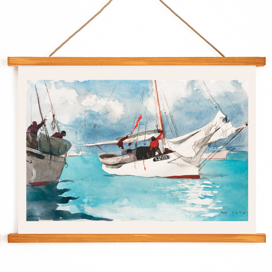 Vibrant fishing boats on turquoise blue water painted by Winslow Homer in Fishing Boats Key West perfect coastal decor poster, with wooden magnetic frame on white background