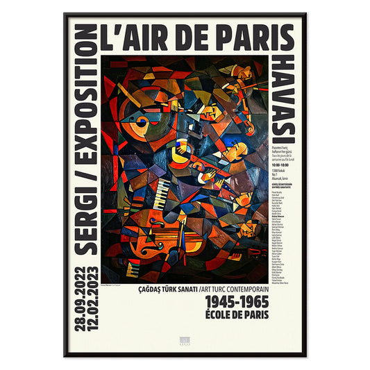 Le Concert by Hulusi Mercan L Air de Paris exhibition poster with vibrant abstract musical instruments artwork, with black aluminium frame on white background
