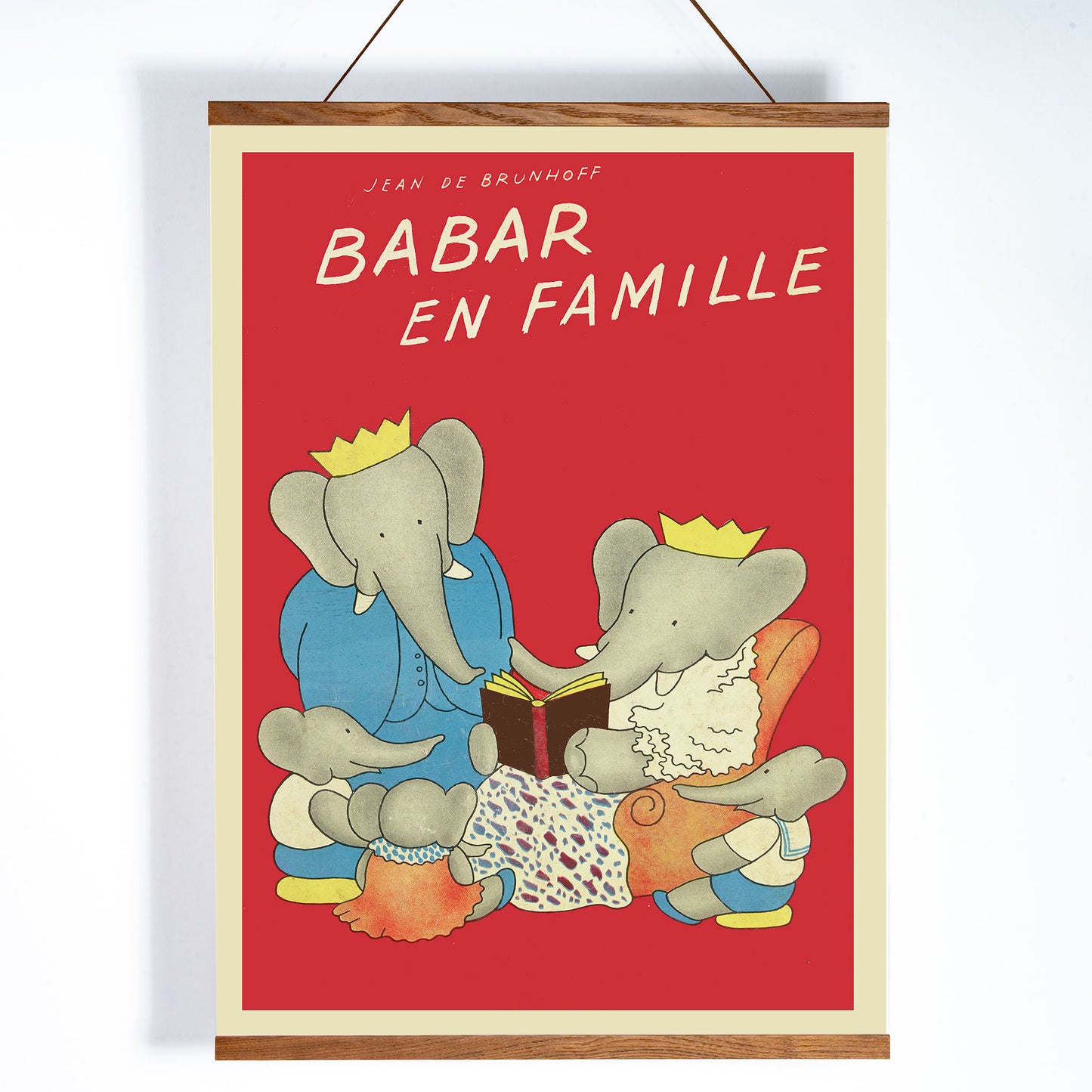 Dark oak magnetic wood frame with natural grain, minimalist design, and attached rope for hanging a poster or artwork on a wall, scene picture showing a poster in the frame