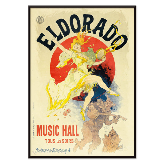 Colorful cabaret poster of Eldorado Music Hall by Jules Cheret showing a lively dancing woman in yellow with musicians and bold colorful graphics, with black aluminium frame on white background