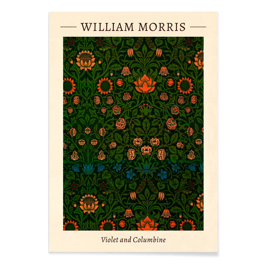 Floral pattern artwork poster titled Violet and Columbine by William Morris featuring intricate botanical designs with vivid green and orange tones, with black aluminium frame on white background