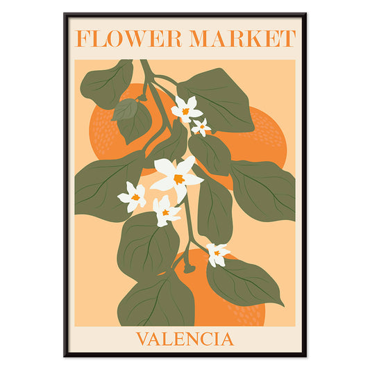 Flower Market Valencia by Moryarty poster illustration with green leaves and white flowers on orange background, with black aluminium frame on white background