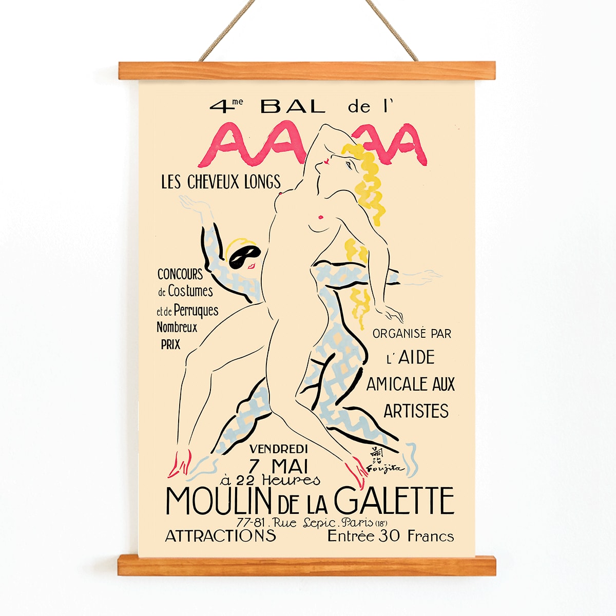 Artistic poster 4eme Bal de lAAAA by Foujita featuring dancers and two women in bold colors and elegant poses, with wooden magnetic frame on white background