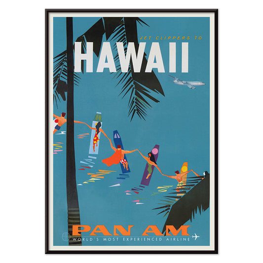Colorful travel poster Jet Clipper to Hawaii by Pan Am Airlines with palm trees surfers dancers on surfboards and airplane above palm leaves, with black aluminium frame on white background