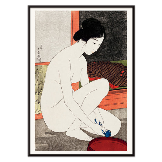 Japanese woman bathing in traditional interior from Yokugo no onna by Goyo Hashiguchi Japanese art poster, with black aluminium frame on white background