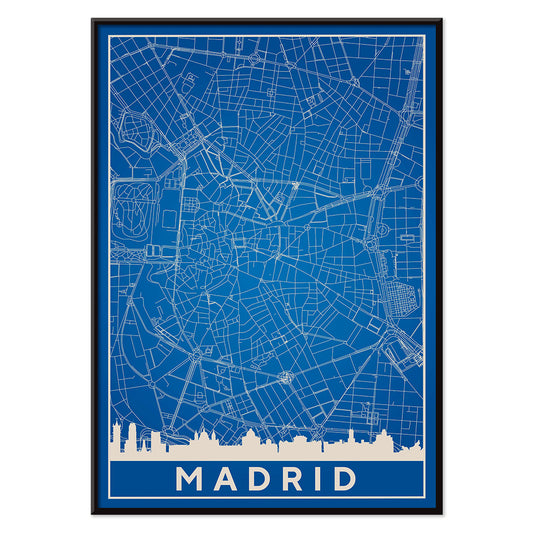 Minimalist Madrid Map by Artist Name blue and white city layout with silhouettes and street details poster, with black aluminium frame on white background