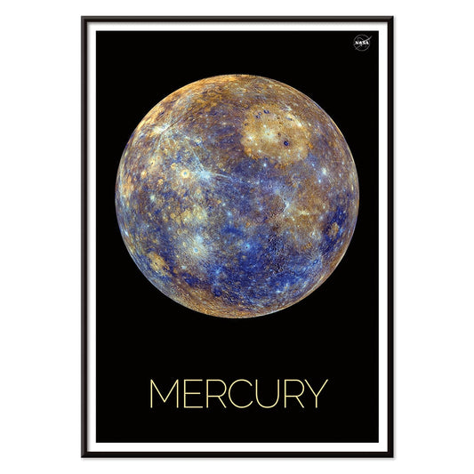 NASA Mercury artwork and poster showing the planet in vivid colors and detailed surface against a black background with Mercury title below, with black aluminium frame on white background