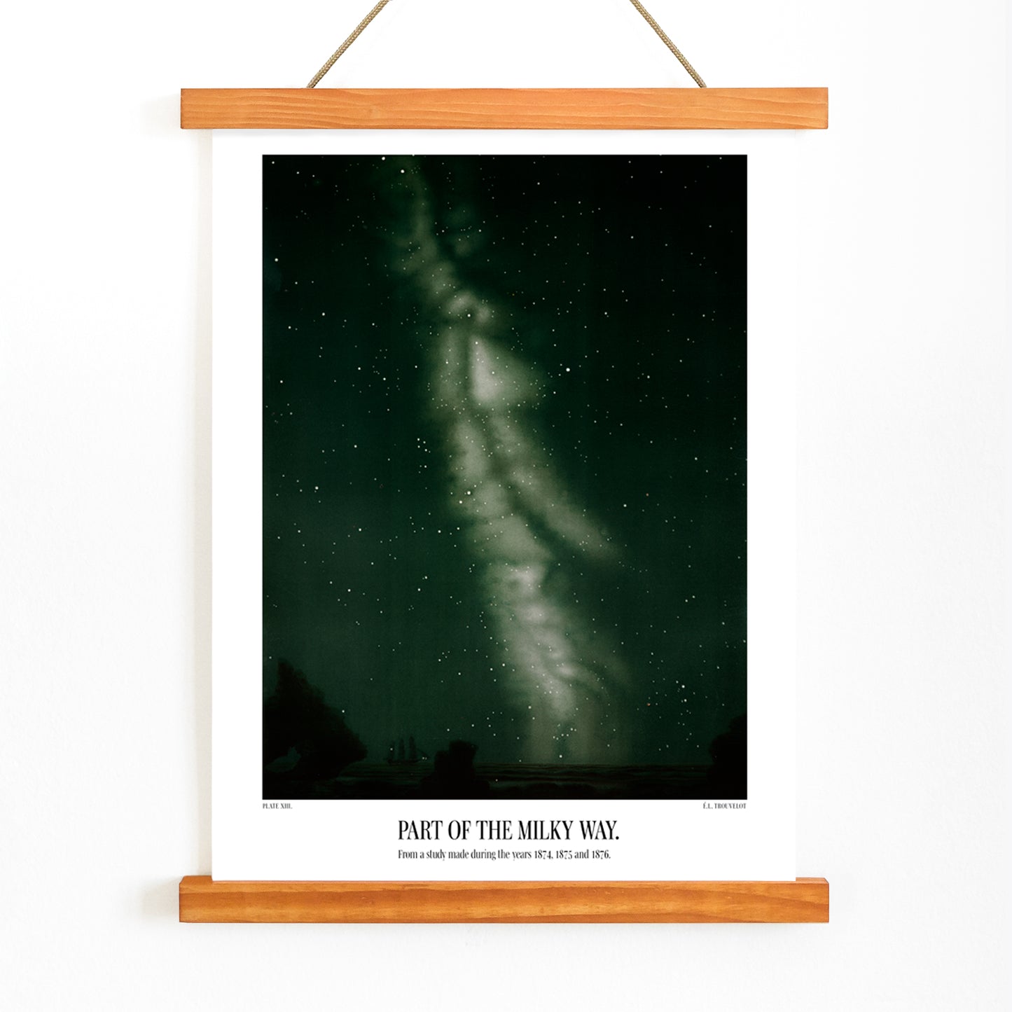 Starry night sky with the Milky Way by E L Trouvelot poster titled Part of the Milky Way, with wooden magnetic frame on white background