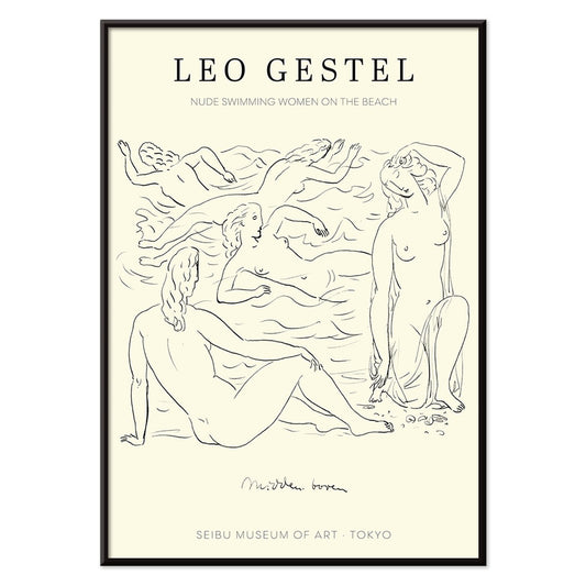Poster of Nude Women Swimming on the Beach by Leo Gestel in Post Impressionist Style at Seibu Museum of Art Tokyo, with black aluminium frame on white background