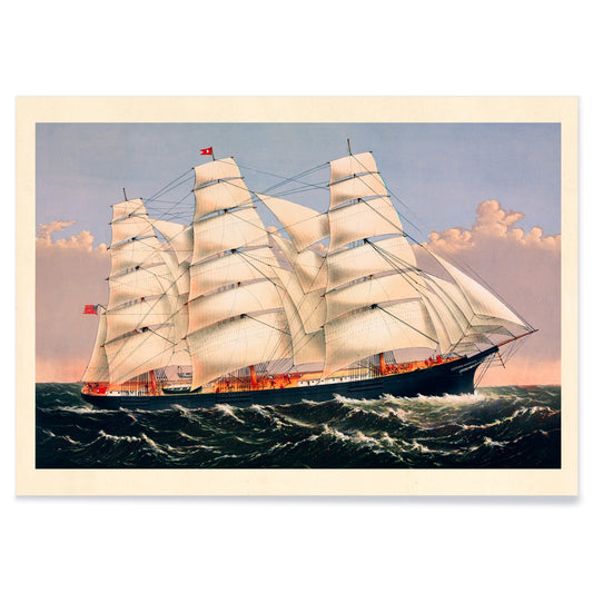 Clipper Ship Three Brothers by Currier and Ives majestic sailing ship poster at sea largest vessel in the world, with black aluminium frame on white background