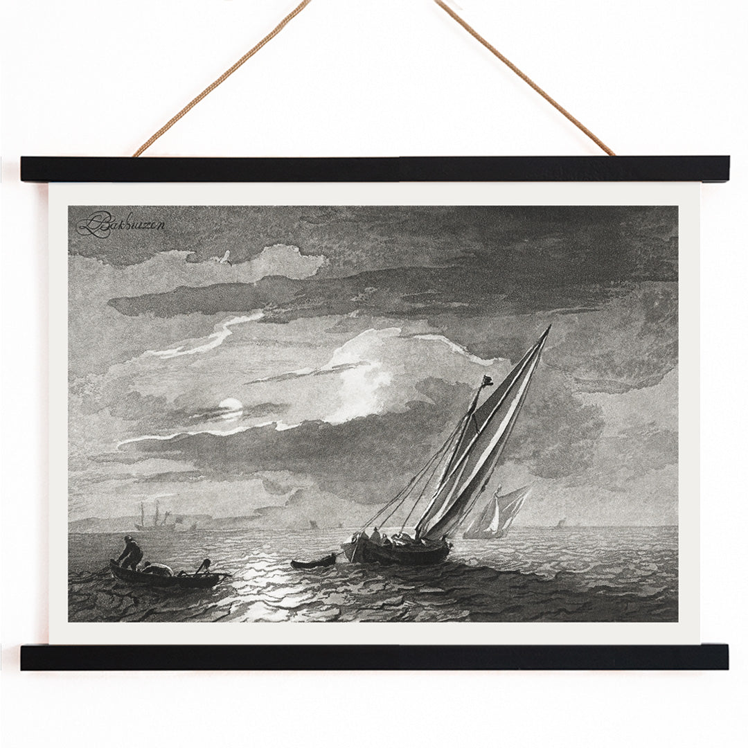 Sailboats on a moonlit sea seascape with full moon by Cornelis Ploos van Amstel poster showing sailboats on the ocean under a moonlit sky, with wooden magnetic frame on white background