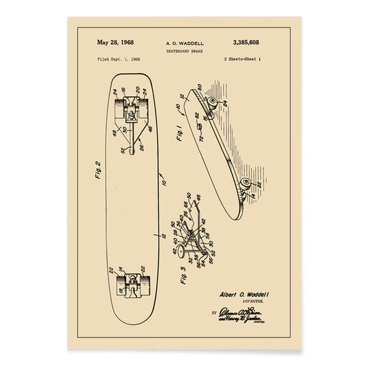Technical illustration and poster of skateboard brake concept by artist A O Waddell titled Skate Board Brake Patent featuring labeled technical drawings for wall decor, with black aluminium frame on white background
