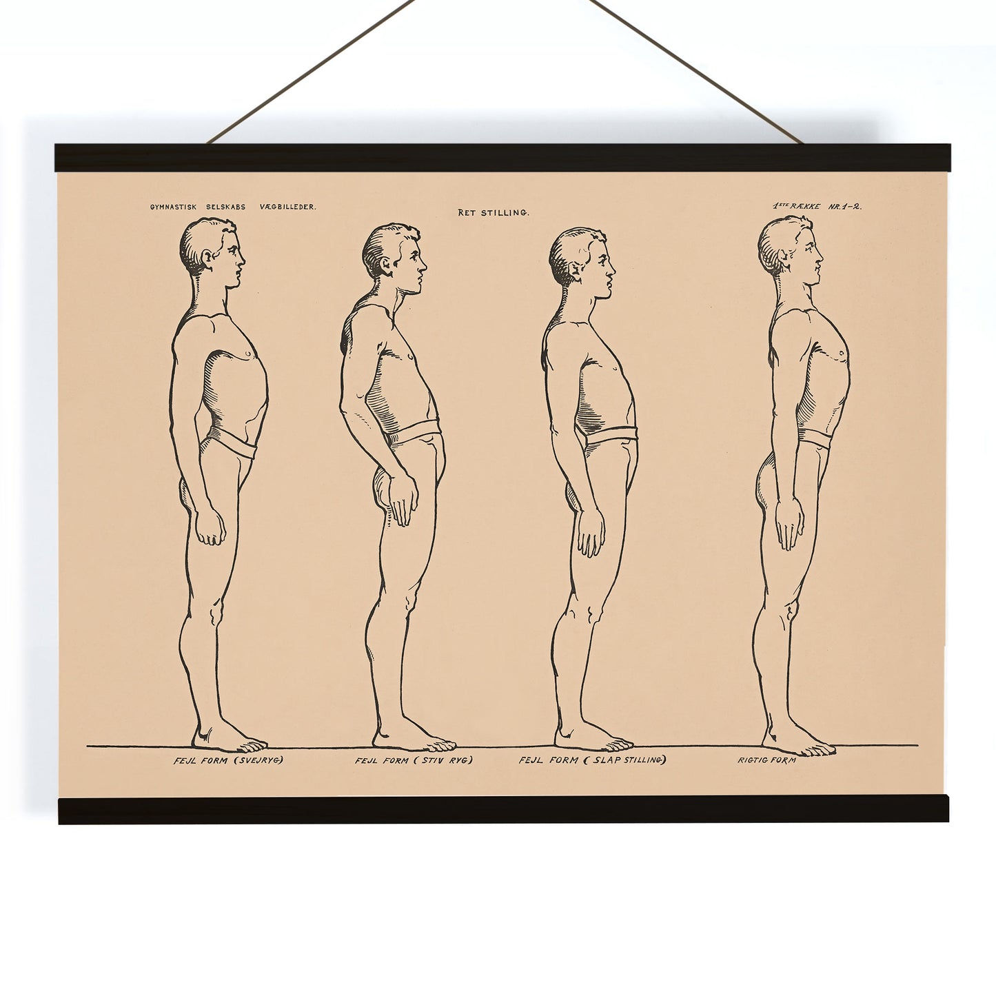 N.C. Roms Standing posture study poster with four side view figures in black line on beige background, with wooden magnetic frame on white background