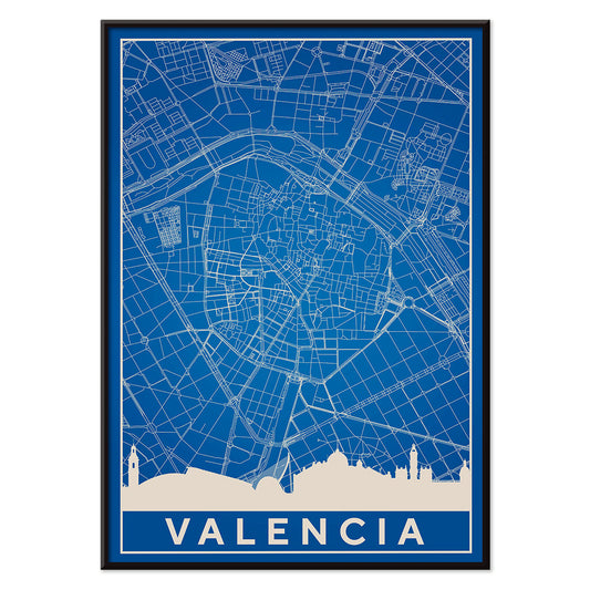 Minimalist Valencia Map poster by artist Minimalist featuring a detailed blue and white city map and skyline, with black aluminium frame on white background
