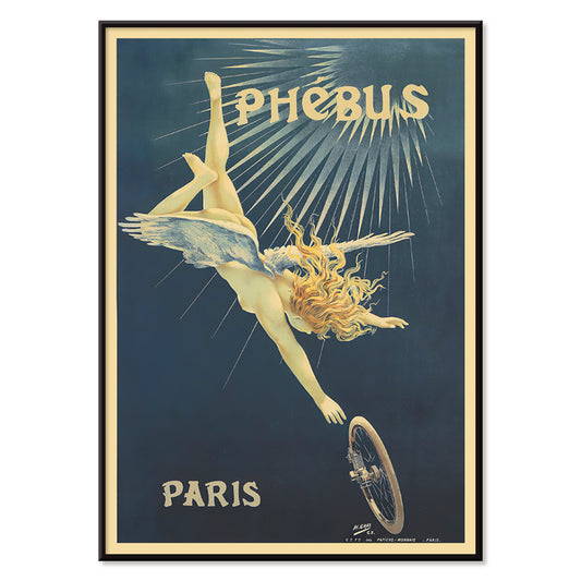 Poster of a winged figure with golden hair falling toward a bicycle wheel in Phébus by Henri Boulanger Gray, with black aluminium frame on white background