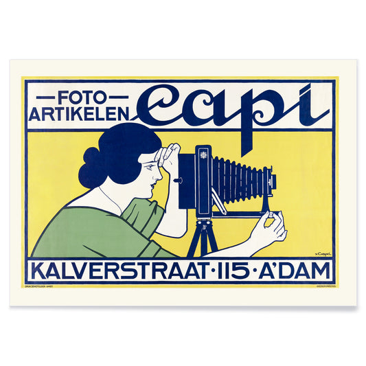 Vintage art deco poster of a woman using a vintage camera at Capi Camera Shop by Johann Georg van Caspel, with black aluminium frame on white background