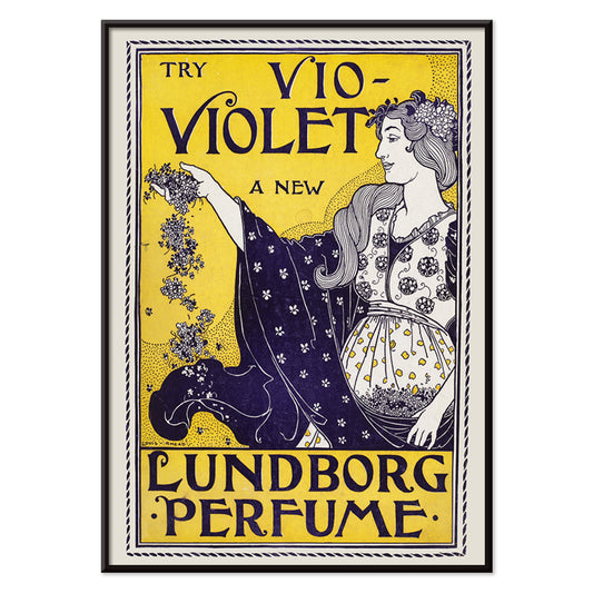 Art Nouveau perfume poster by Louis Rhead featuring a woman holding flowers with floral motifs, with black aluminium frame on white background