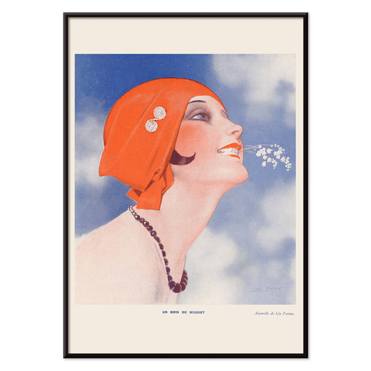 Poster of Un Brin de Muguet by Leo Fontan showing a smiling woman in a red headscarf holding lily of the valley in her mouth, with black aluminium frame on white background