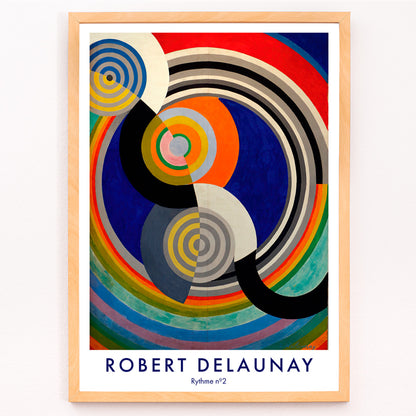 Closeup detail of Colorful abstract concentric circles and curves painting poster Rythme n2 by Robert Delaunay
