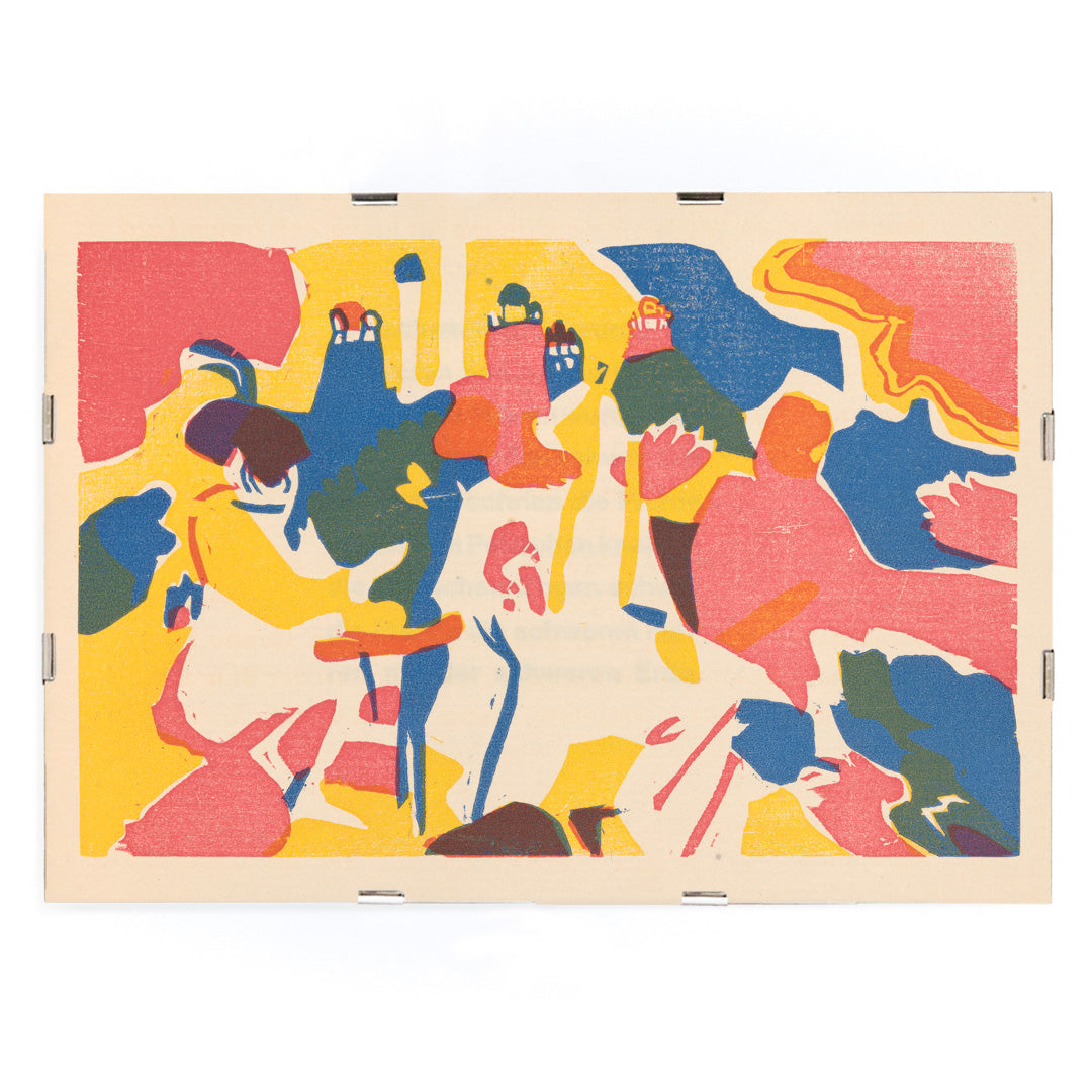 Colorful abstract composition with dynamic shapes and figures Klänge Pl 19 by Wassily Kandinsky modern art poster for home decor, framed and displayed in modern living room decor