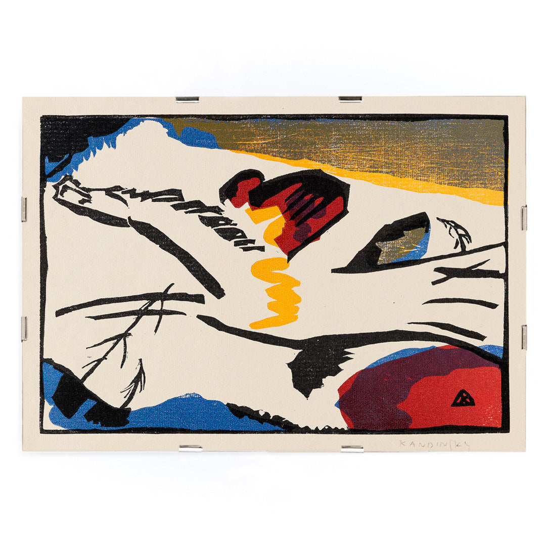 Abstract modern art poster Lyrisches by Wassily Kandinsky with bold lines and vivid colors, framed and displayed in modern living room decor