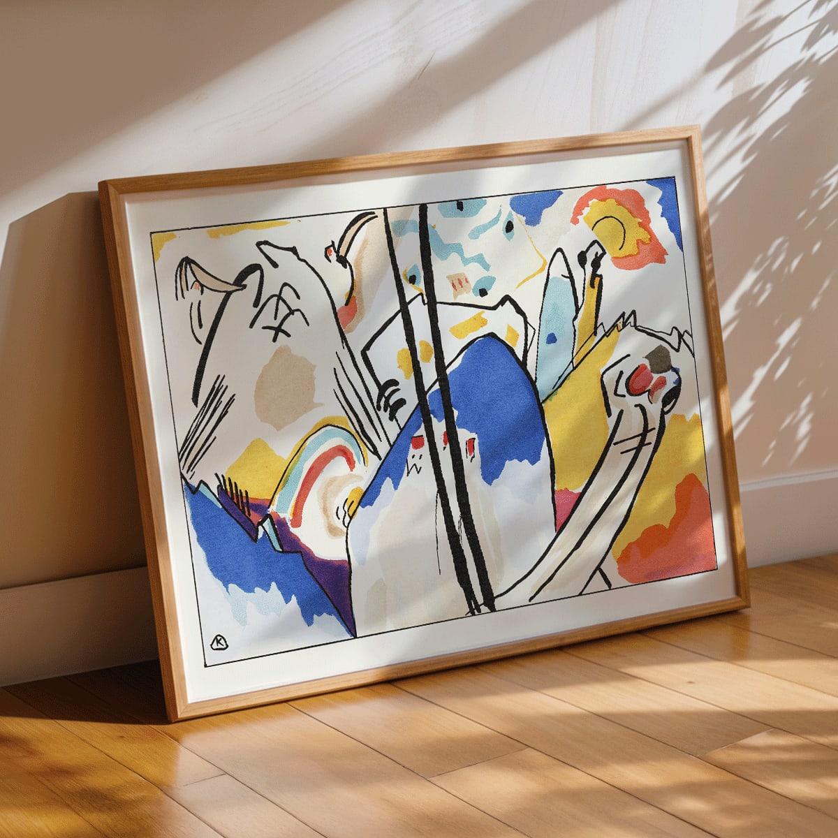 Abstract art Der Blaue Reiter by Wassily Kandinsky featuring vibrant colors dynamic shapes and geometric forms, framed and displayed in modern living room decor