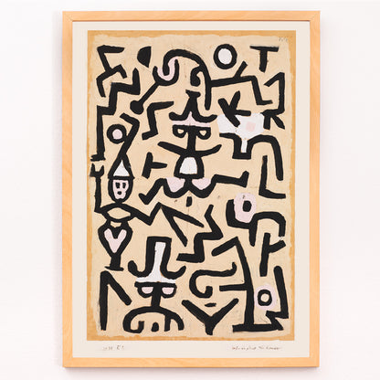 Closeup detail of Abstract line drawing and poster with black lines forming playful whimsical figures and shapes in Comedians Handbill artwork by Paul Klee