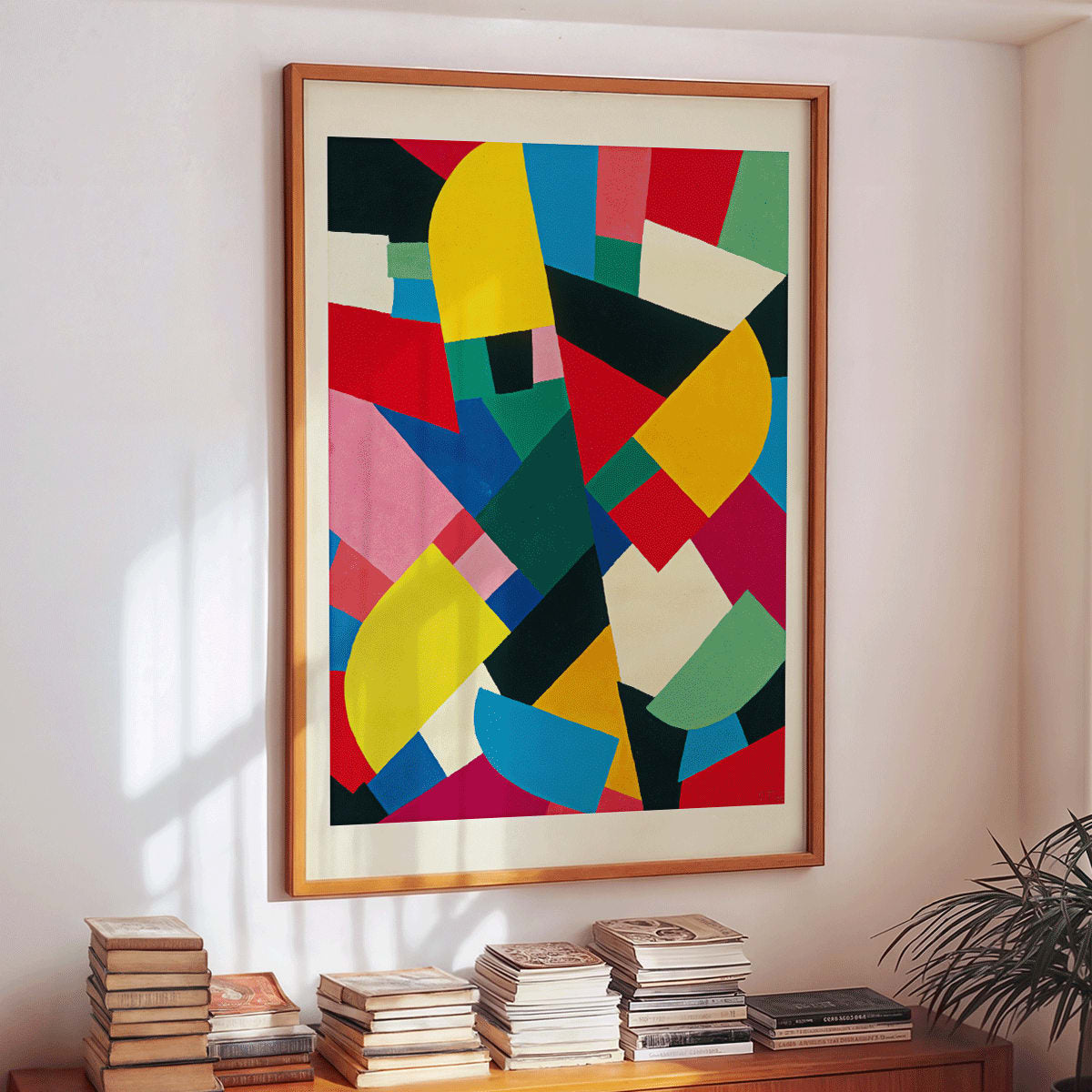 Abstract colorful geometric shapes painting and poster Color Patchwork Sans Titre by Otto Freundlich for modern decor, framed and displayed in modern living room decor