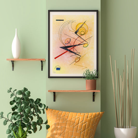 Abstract geometric poster with colored lines and shapes over a warm background by Wassily Kandinsky Kleines Warm, framed and displayed in home decor