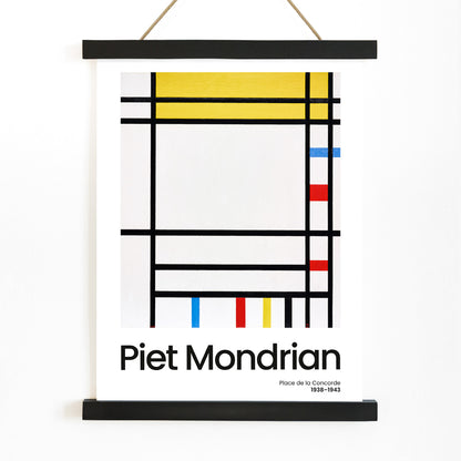 Abstract geometric painting Place de la Concorde by Piet Mondrian with bold black lines and blocks of red yellow and blue primary colors poster, with wooden magnetic frame on white background