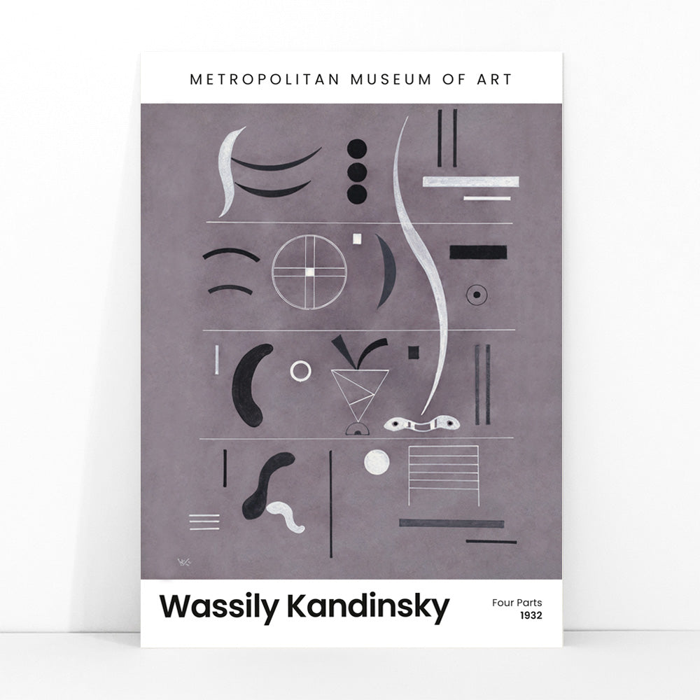 Abstract geometric art by Wassily Kandinsky from Four Parts featuring geometric shapes and lines displayed at the museum, framed and displayed in modern living room decor
