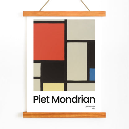Abstract geometric art poster with bold primary colors and black lines by Piet Mondrian titled Composition, with wooden magnetic frame on white background