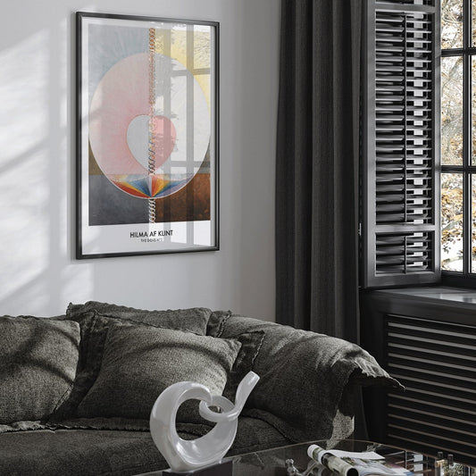 Abstract geometric spiritual art poster with pastel colors and shapes from The Dove by Hilma af Klint modern wall decor, framed and displayed in home decor