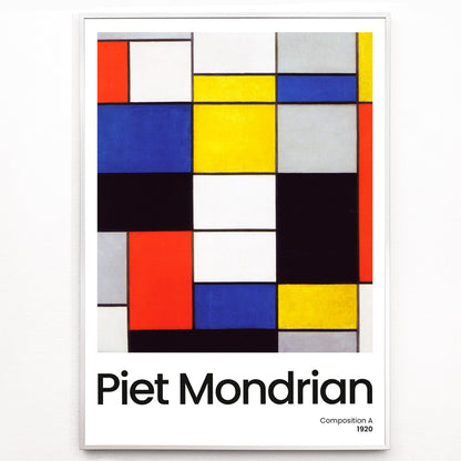 Closeup detail of Abstract geometric art poster with colorful squares and rectangles by Piet Mondrian Composition A modern wall decor