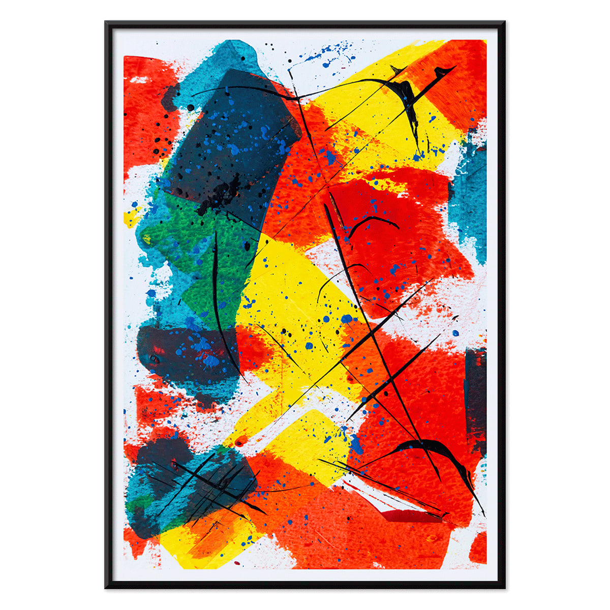 Colorful abstract patchwork artwork poster with bold brush strokes splashes of red yellow and blue titled Abstract Patchwork 1 by Anonymous, with black aluminium frame on white background