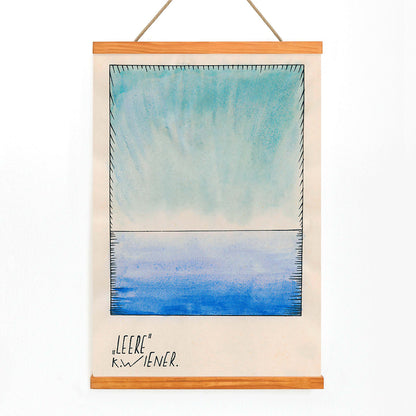 Abstract blue gradient watercolor art by Karl Wiener titled Leere minimalist poster featuring abstract shapes in blue tones modern decor, with wooden magnetic frame on white background