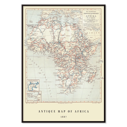 Antique map of Africa by Institute of Liepzig showing exploration routes geographic features and country names wall art poster, with black aluminium frame on white background