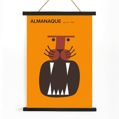 Almanaque magazine cover by Sebastiao Rodrigues with abstract animal and face artwork on orange background, with wooden magnetic frame on white background