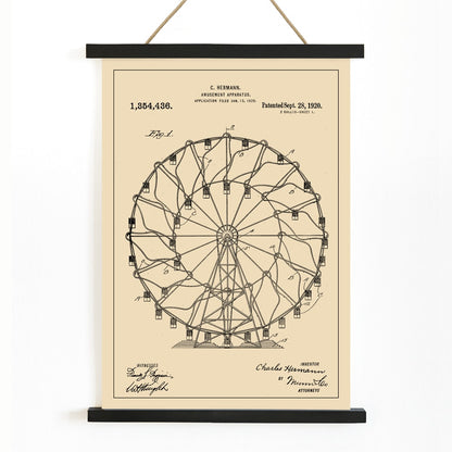 Vintage Ferris Wheel Patent Drawing Amusement Apparatus by Charles Hermann Poster, with wooden magnetic frame on white background