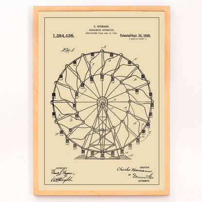 Vintage Ferris Wheel Patent Drawing Amusement Apparatus by Charles Hermann Poster, framed and displayed in modern living room decor