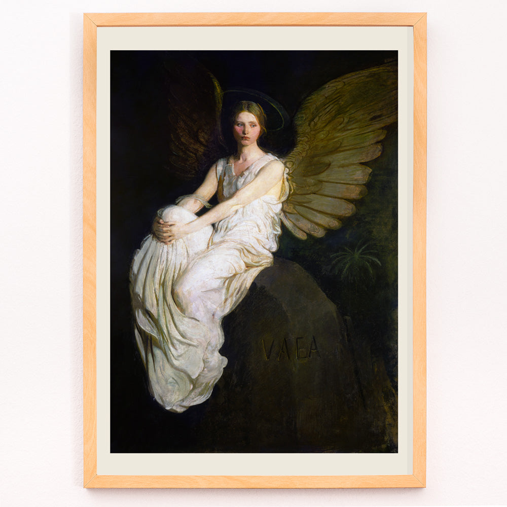 Closeup detail of Serene angel with golden wings in white robes seated artwork Stevenson Memorial by Abbott Handerson Thayer poster