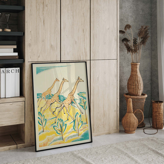 Colorful jungle artwork with three giraffes by Clifford Webb titled A Jungle Picnic Pl.04 Girafe, framed and displayed in home decor