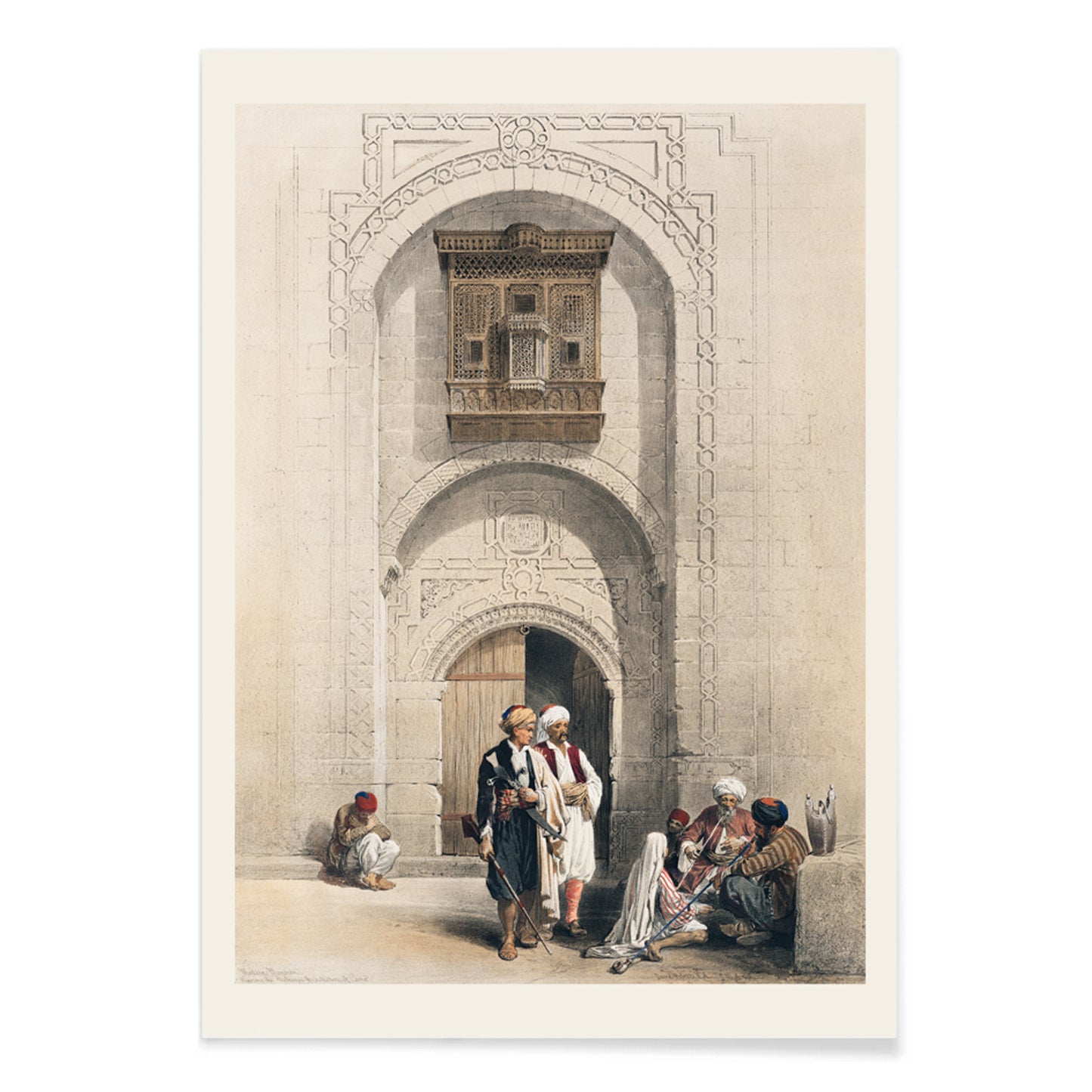 Modern mansion with arabesque architecture in Cairo by David Roberts featuring people in traditional attire poster, with black aluminium frame on white background