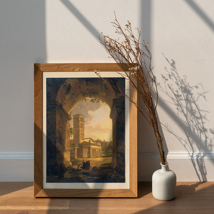 San Giorgio in Velabro Rome painting by Antonie Sminck Pitloo with people ruins and archway view poster, framed and displayed in home decor