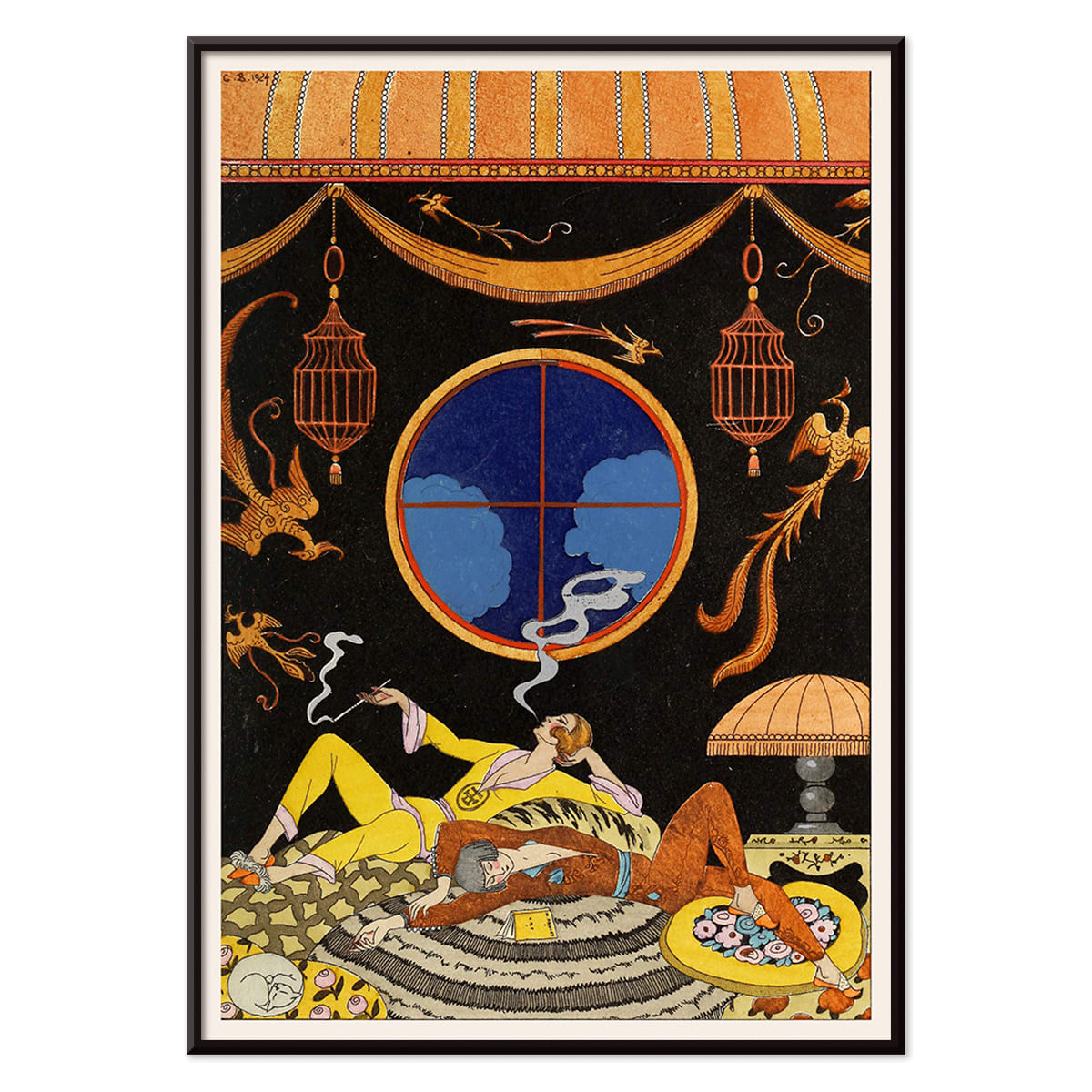 Elegant Art Deco interior with two figures lounging Falbalas et fanfreluches La paresse by George Barbier, with black aluminium frame on white background